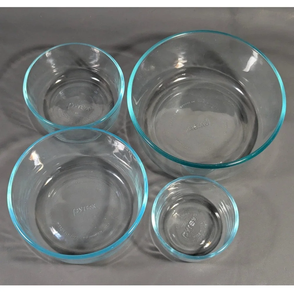 Pyrex Clear Blue Tinted Glass Nesting Mixing Bowls Set of 4 Round 7202 7201